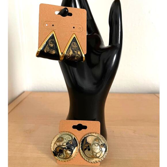 Gold Black Vintage Resin Acrylic Pour Earring Set Lot of 2 Triangle Circle Stud - Picture 1 of 6